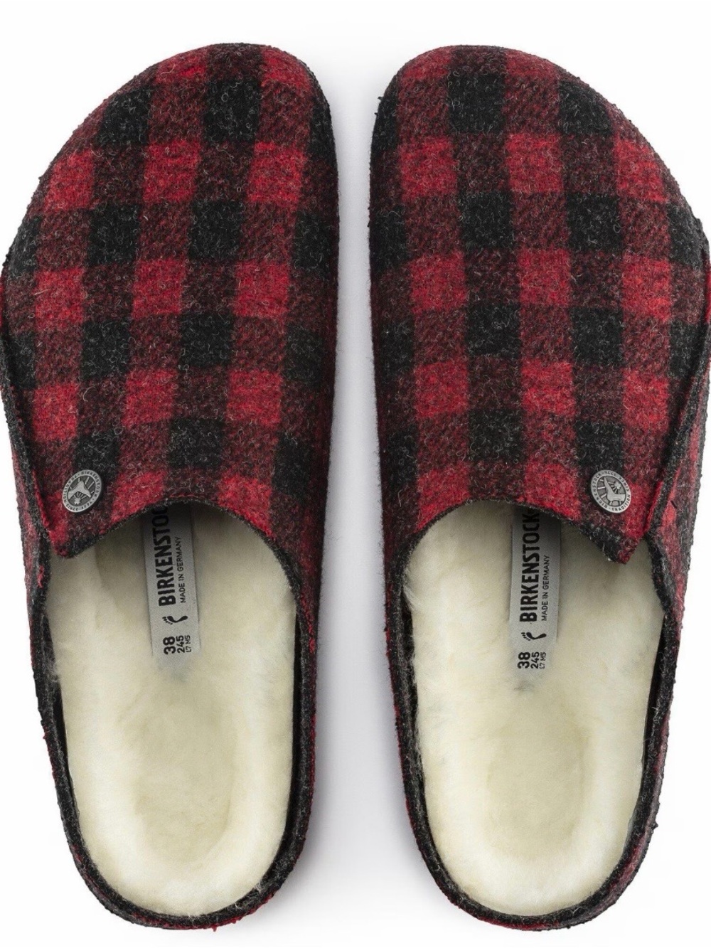 Birkenstock Red and Black Plaid Wool Slip-On Clogs Zermatt Shearling